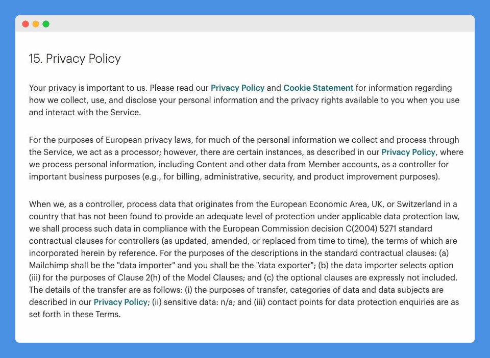 "Privacy Policy" clause in Mailchimp's website on a white background