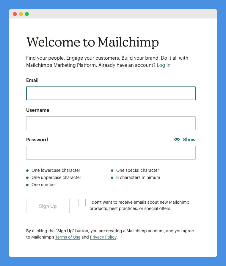 Sign up page text fields with Terms of Use and Privacy Policy links in Mailchimp's website on a white background