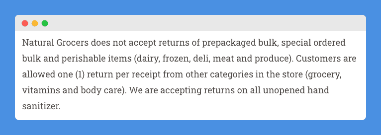 Return and Refund Policy clause in Natural Grocers' website on a white background
