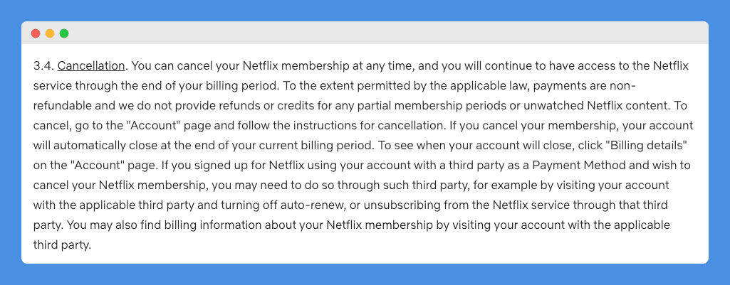 "Cancellation" clause in Netflix Terms of Use on a white background