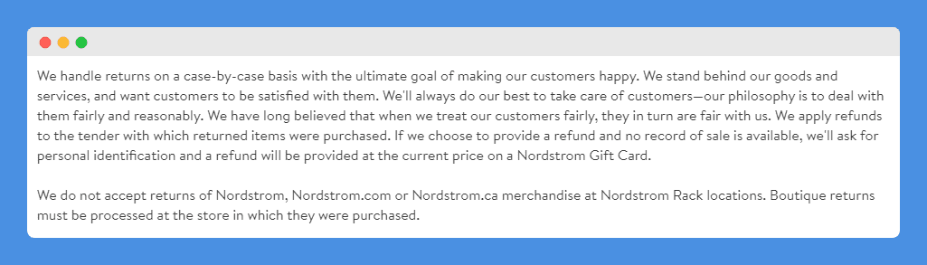 Return Policy clause in Nordstrom's Return and Refund Policy on white background.