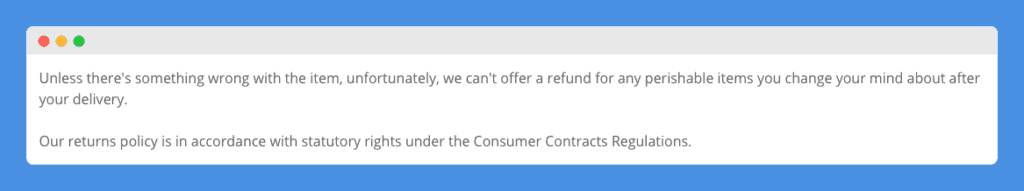 Return Policy clause in Ocado's website on a white background