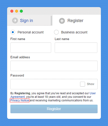 Register sign-up form with "privacy policy" highlighted in red below the form.