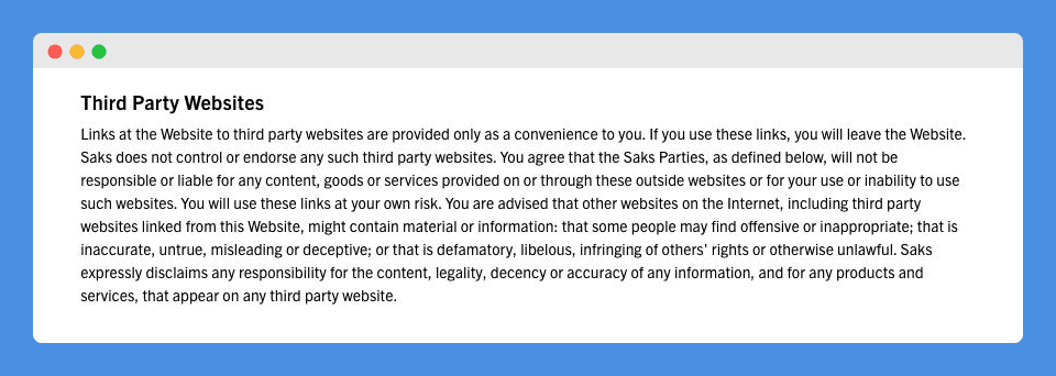 "Third Party Websites" clause in Saks Fifth Avenue's Term of Use on a white background