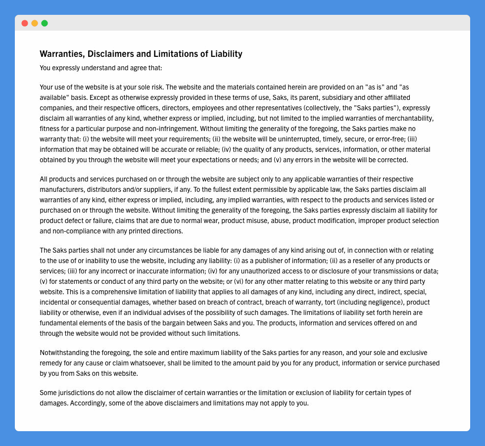 "Warranties, Disclaimers and Limitations of Liability" clause in Saks Fifth Avenue's Term of Use on a white background