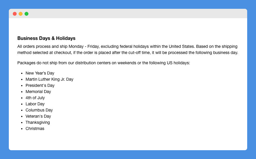 "Business Days & Holidays" clause in Sephora's shipping information on a white background