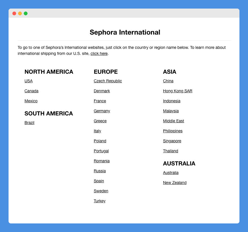 List of Sephora's international website links in different countries and regions on a white background