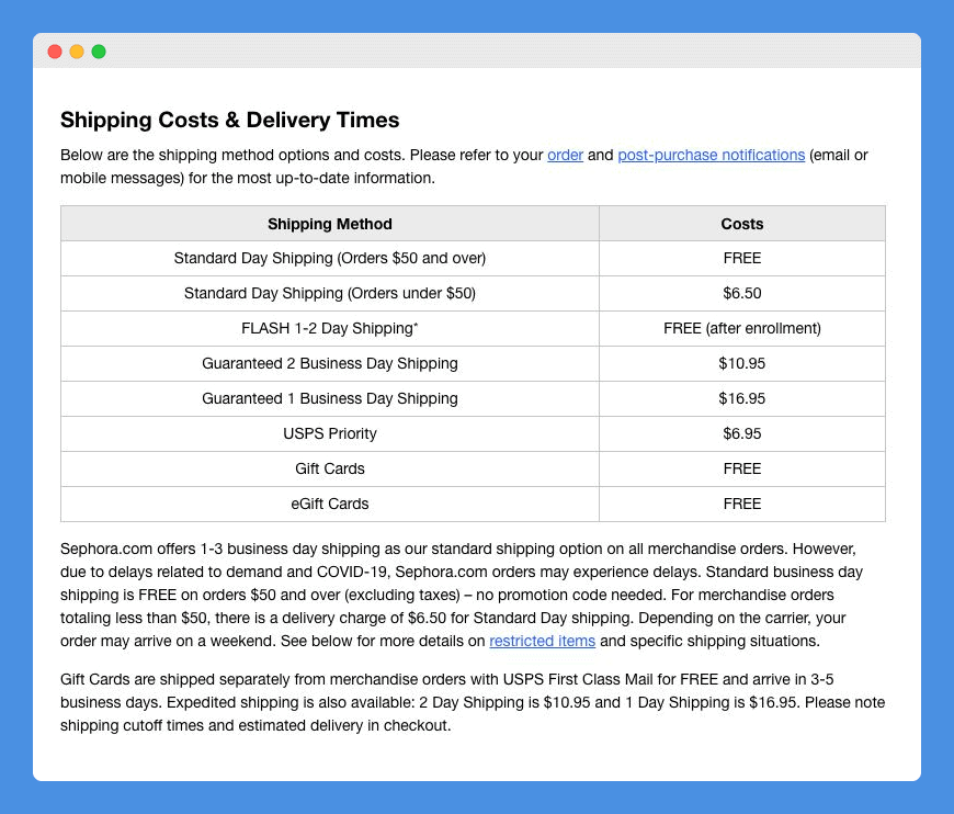 "Shipping Costs & Delivery Times" clause with 2 table columns in Sephora's shipping information on a white background