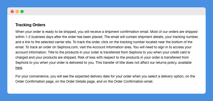 "Tracking Orders" clause in Sephora's shipping information on a white background