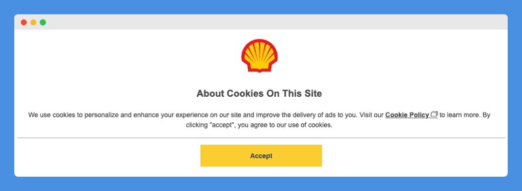 Cookie Consent banner with yellow "Accept" button in Shell's website on a white background