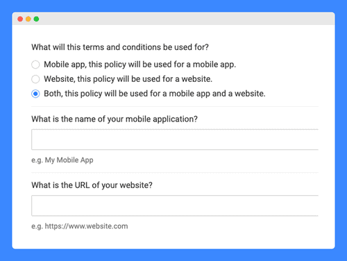 Terms and conditions legal questionnaire for the website on a white background.