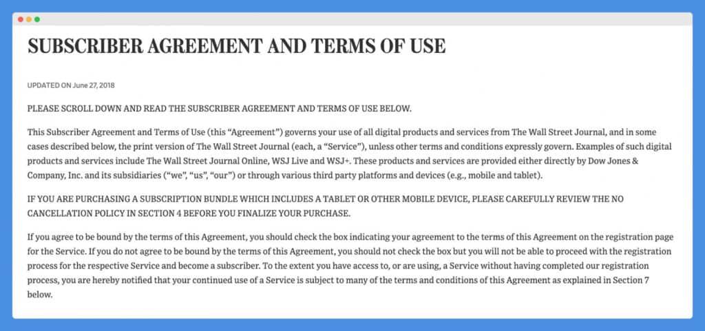 "Subscriber Agreement and Terms of Use"  clause in The Wall Street Journal's website on a white background