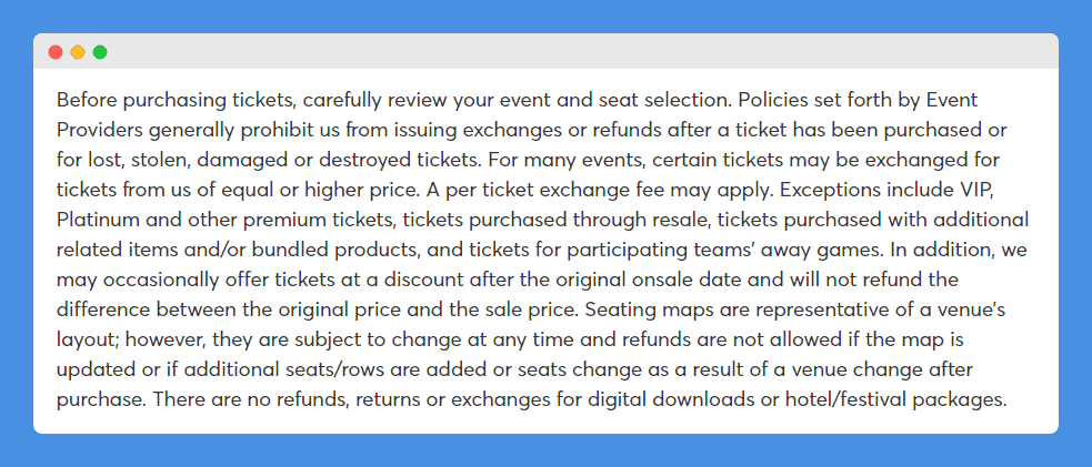 Purchase Policy clause in Ticketmaster's website on a white background