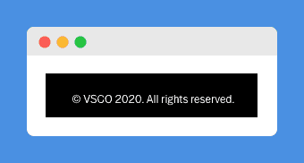 "© VSCO 2020. All rights reserved" white text in VSCO's website footer on a black background