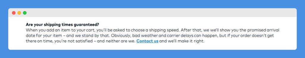 "Are your shipping times guaranteed?" clause in Vistaprint's FAQ on a white background