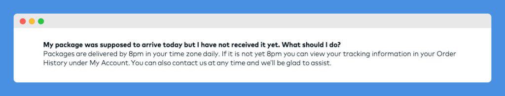 "My package was supposed to arrive today but I have not received it yet. What should I do?" clause in Vistaprint's FAQ on a white background
