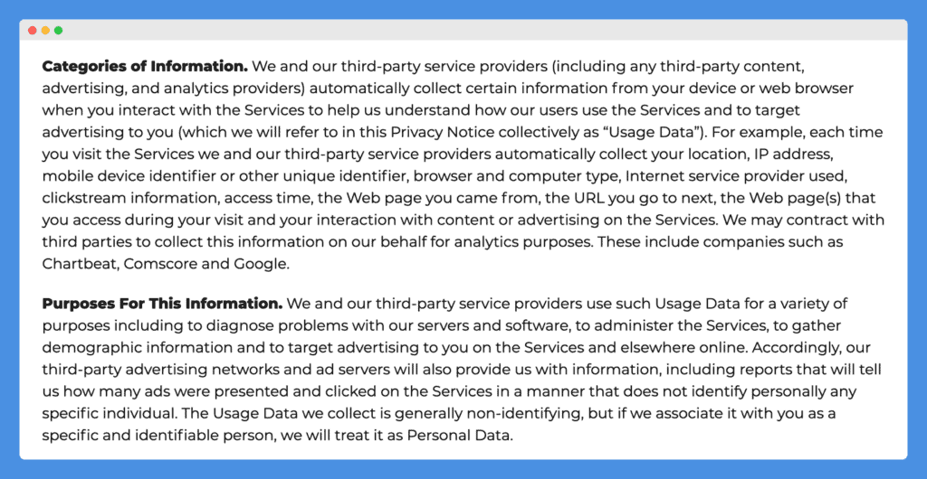 "Information We Automatically Collect" clause in Vox Media's Privacy Policy on a white background