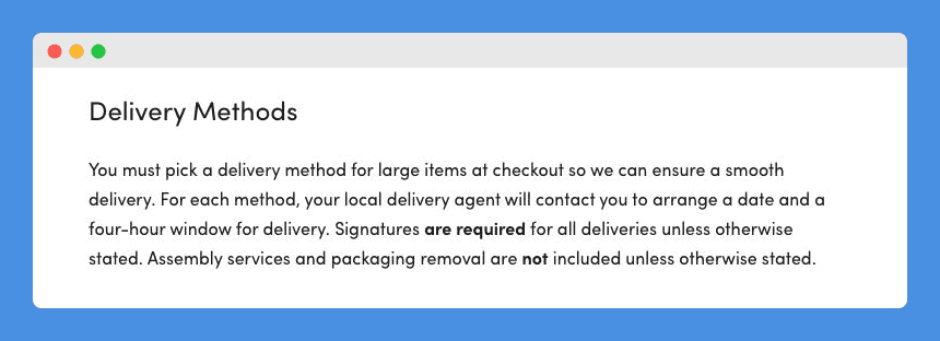 "Delivery Methods" clause in Wayfair's Help Center on a white background