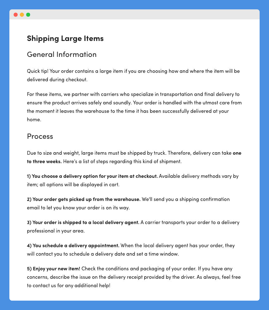 "Shipping Large Items" clause in Wayfair's Help Center on a white background