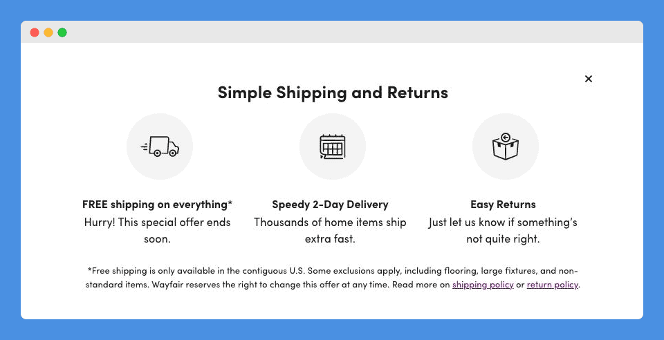 Simple Shipping and Returns clause with icon images in Wayfair's website on a white background