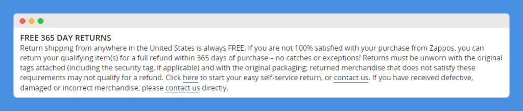 capitalized "Free 365 Day Returns" text
clause in Zappos' Return and Refund Policy on white background.