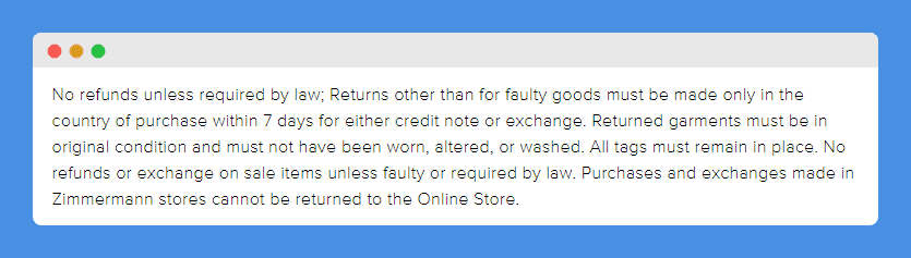 Return Policy clause in Zimmerman's website on a white background