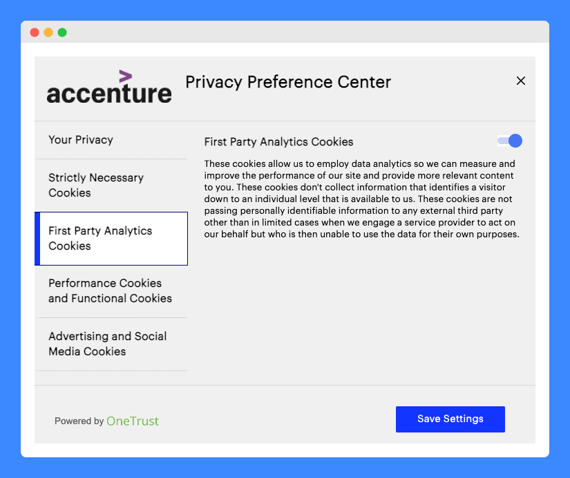 "First Party Analytics Cookies" information and settings with blue save button in Accenture's Privacy Preference Center on gray background