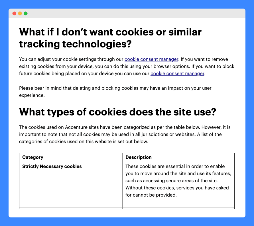 "What if I don't want cookies or similar tracking technologies?" and "Types of cookies does the site use" clause and information with 2 column table in Accenture Cookie Policy on white background
