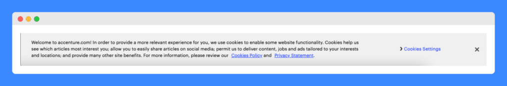 Users' cookie implied consent clause with Cookies Settings link in Accenture website on gray background