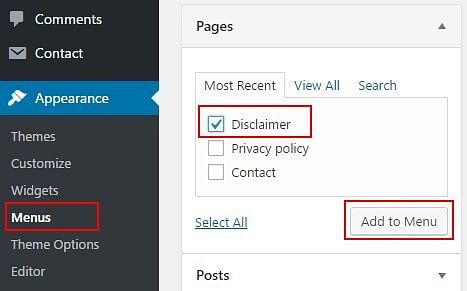 WordPress' dashboard with ticked "Disclaimer" checkbox and choose Add to Menu under Menu on Appearance Section.