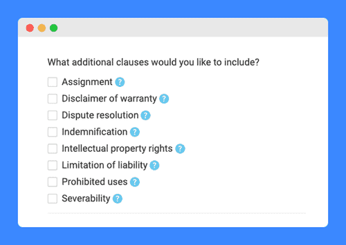 Options for additional clauses inclusions for drafting the website's terms and conditions on a white background.