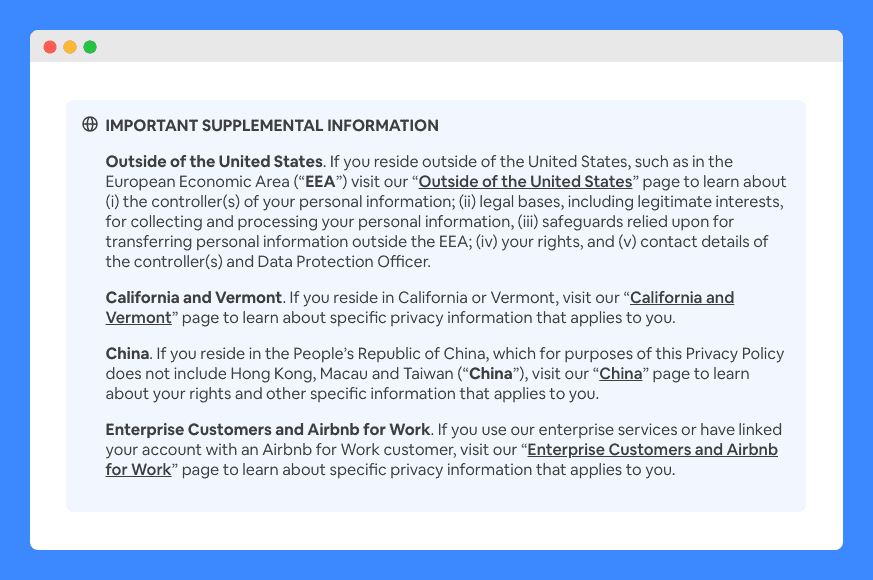 "Important Supplemental Information" clause in Airbnb's Privacy Policy on light blue background.
