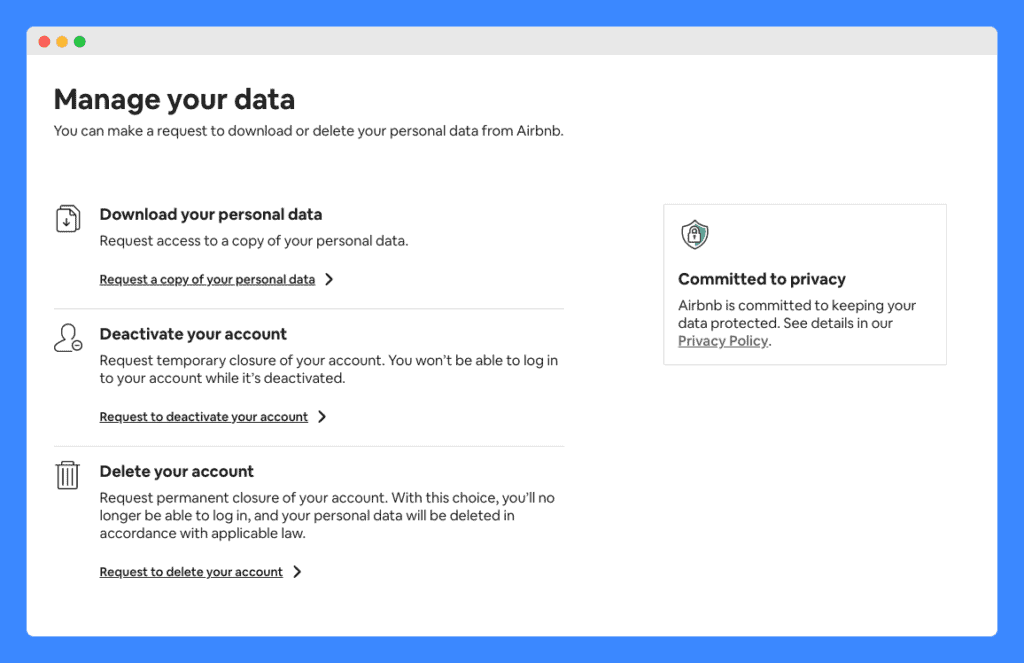"Manage your data" settings in Airbnb's website on white background.