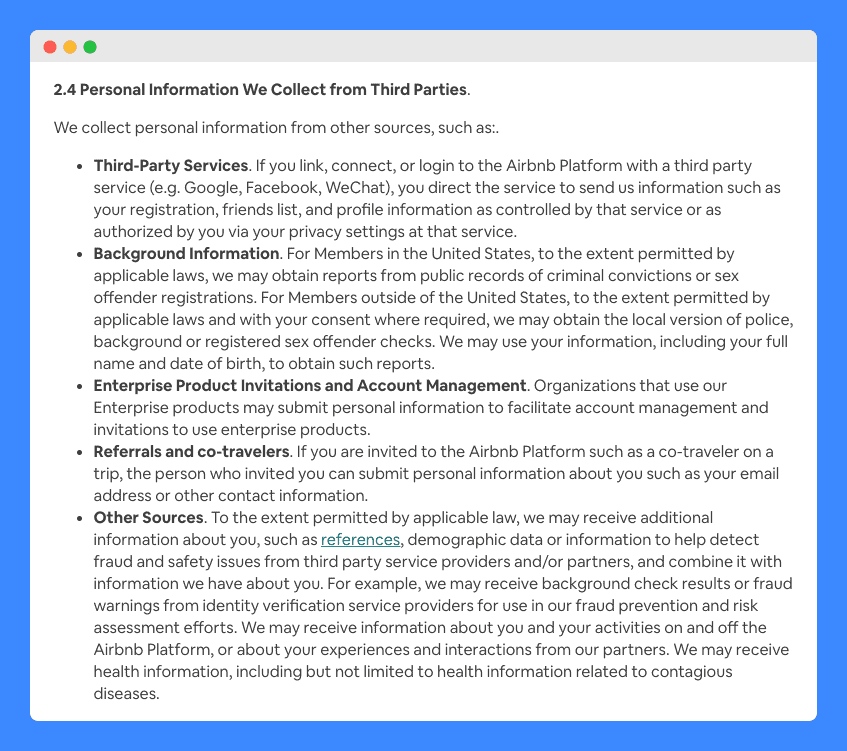 "Personal Information We Collect from Third Parties" clause in Airbnb's Privacy Policy on white background.