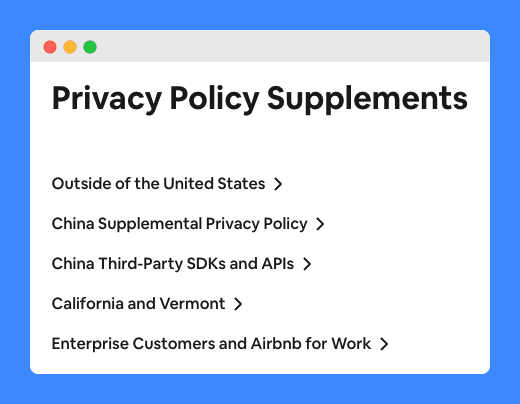 "Privacy Policy Supplements" links to specific customers in Airbnb's Privacy Policy on white background.