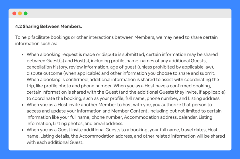 "Sharing Between Members" clause in Airbnb's Privacy Policy on white background.
