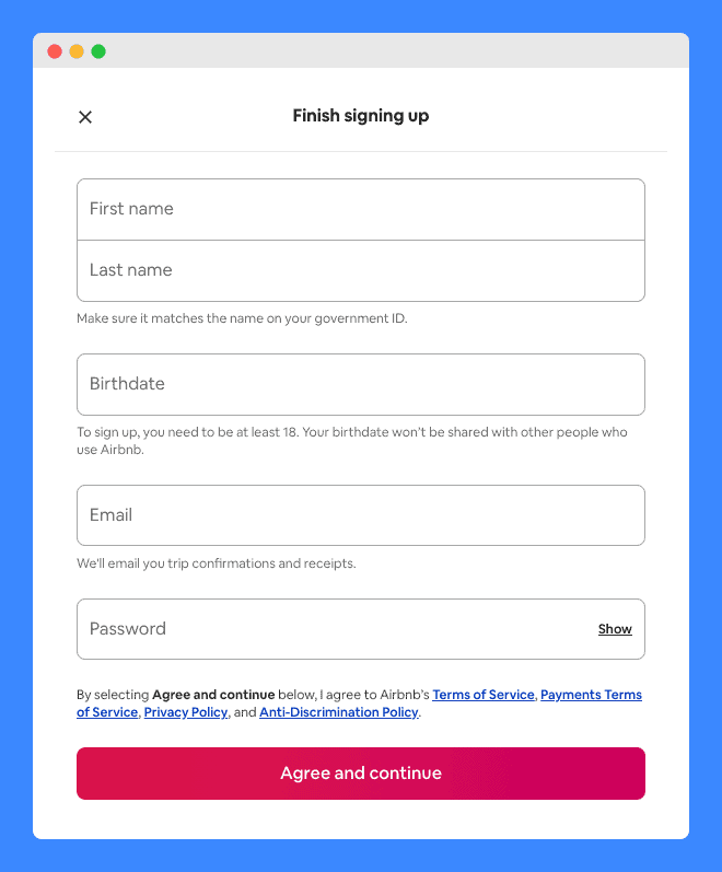 Airbnb's sign up form on white background with red "Agree and continue" button.