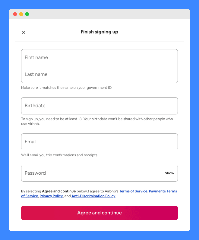 Airbnb's sign up form on white background with red 