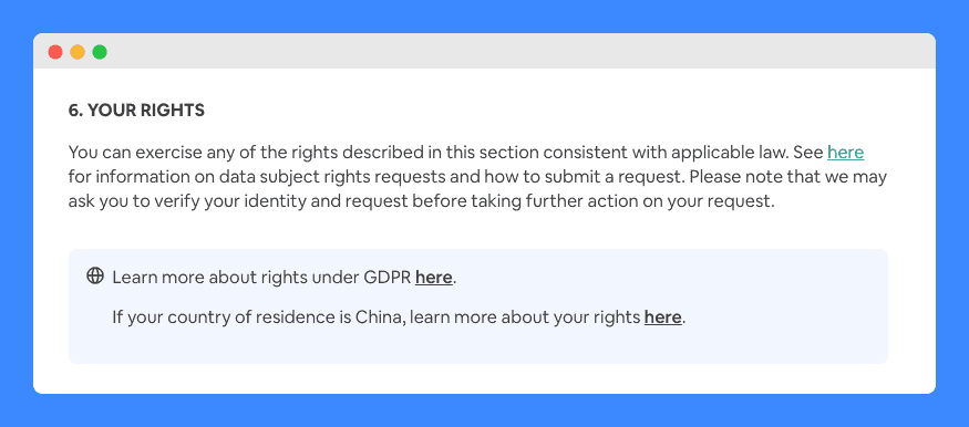 "Your Rights" clause in Airbnb's Privacy Policy on white background and light blue highlight at the bottom.