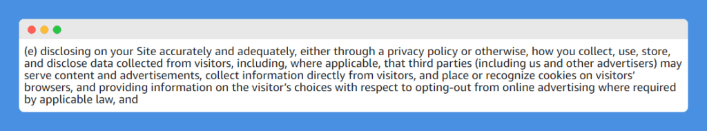 Comprehensive Privacy Policy clause in Amazon's Associates Program Policies on a white background