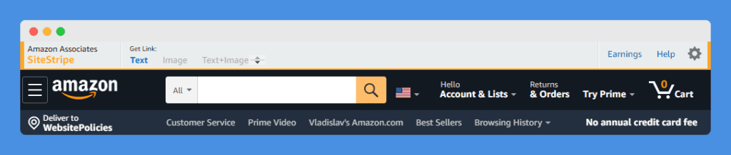 Get Link Text under SiteStripe toolbar highlighted in gray background above the Menu Options in Amazon's Associate Account at the top section of the website