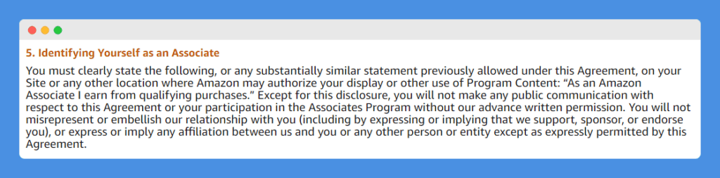 "Identifying Yourself as an Associate" clause in Amazon's Associates Program Policies on a white background
