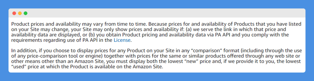 Pricing Display Guidelines clause in Amazon Associates Program Policies on a white background