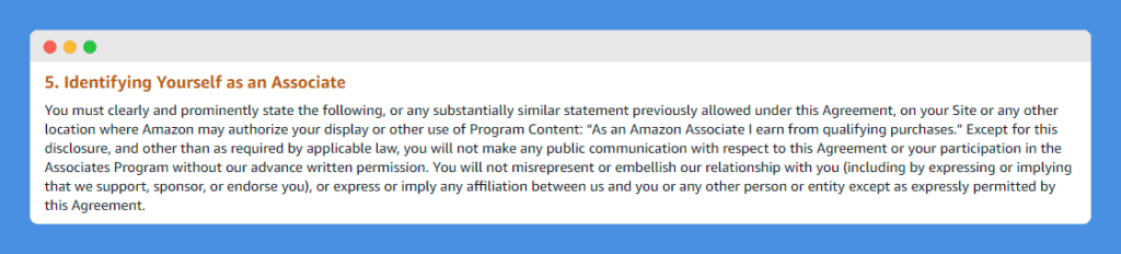 "Identifying Yourself as an Associate" clause in Amazon Assosciate Terms of Service on a white background.