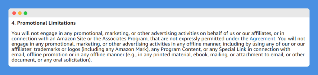 "Promotional Limitations" clause in Amazon's Associates Program Policies on a white background