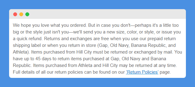 "Return Policies" clause in Athleta Return and Refund Policy page on white background.