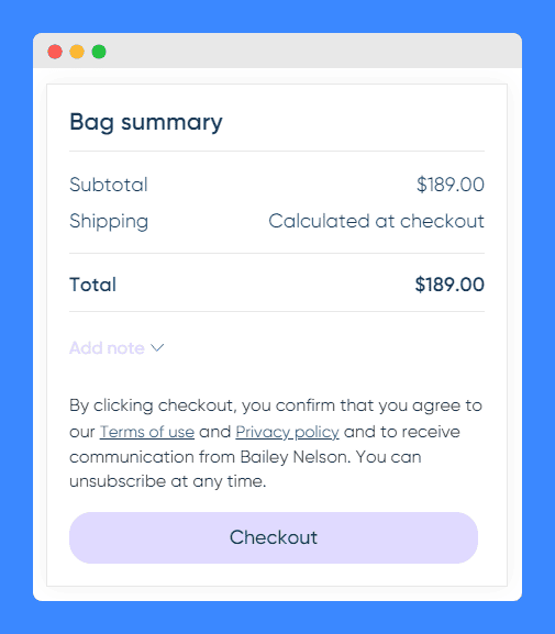 Bailey Nelson checkout process page with Privacy Policy and Terms of Use acknowledgement on a white background