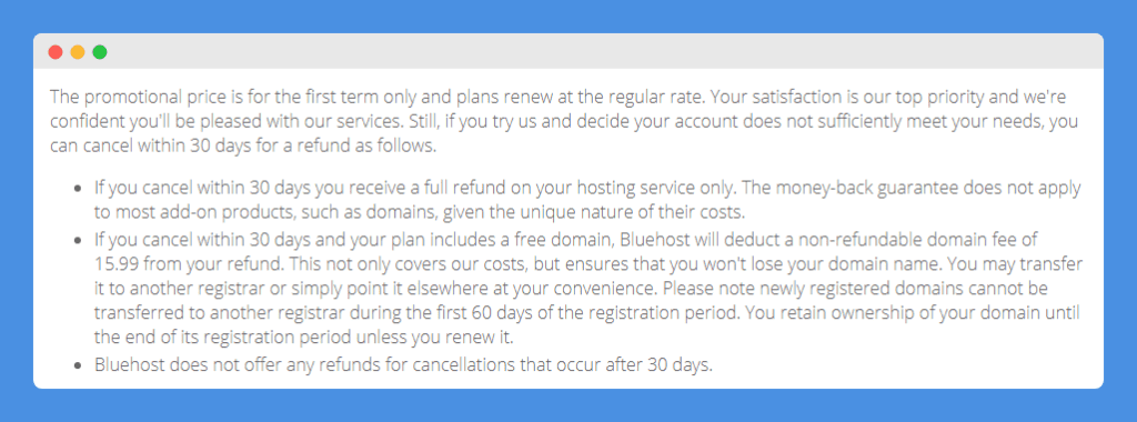 "Promotional Price" clause in Bluehost's Return and Refund Policy on white background.