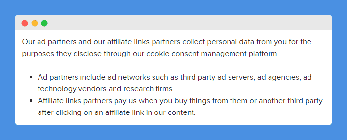 Third party cookies: advertising and affiliate links clause in buzzfeed's Privacy Policy on a white background.