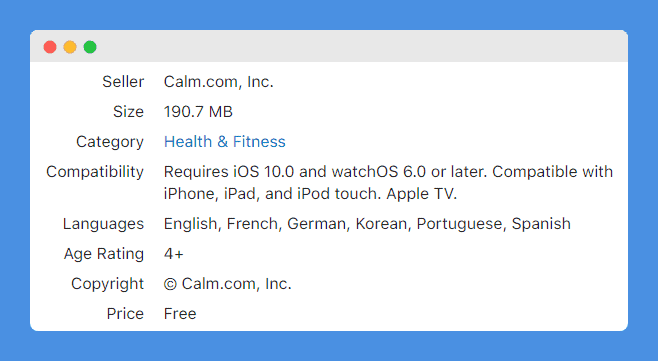 Calm Application information with Copyright notice in Calm's website on a white background